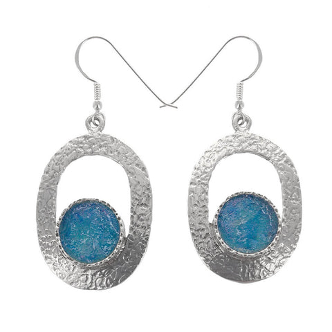 Israeli Roman Glass Circle Sterling Silver Oval Earrings