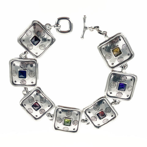 Multi Color Gemstone Sterling Squares Bracelet 