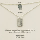 b.u. Power of Love Dog Tag Necklace on Quote Card