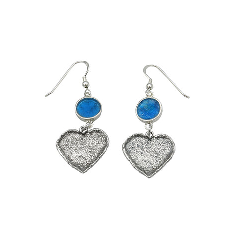 Israeli Blue Roman Glass Heart Drop Earring