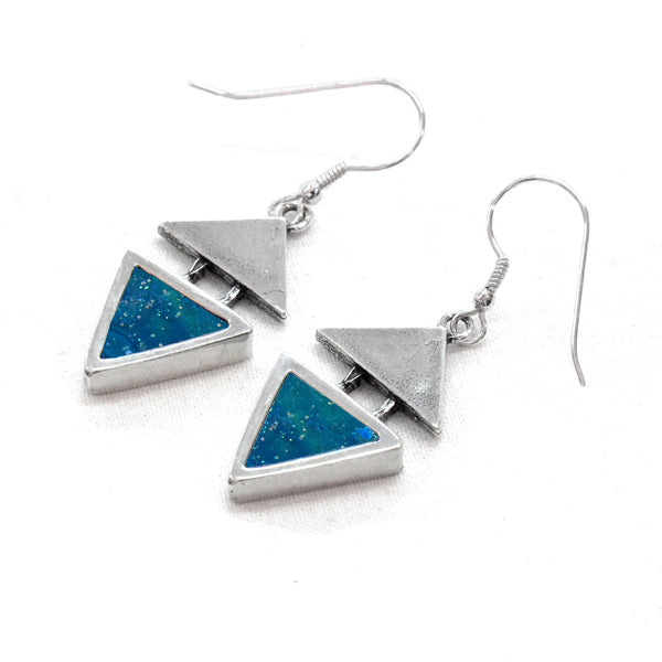 Israeli Blue Roman Glass Triangle Earrings