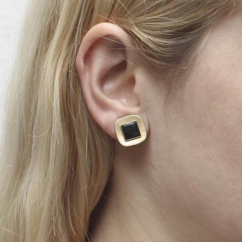 Marjorie Baer Small Gold Black Rounded Squares Clip Earrings