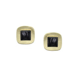 Marjorie Baer Small Gold Black Rounded Squares Clip Earrings
