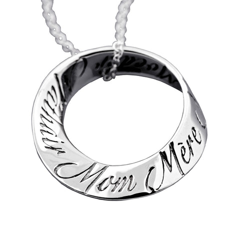 Mom In Ten Languages Sterling Silver Mobius Necklace